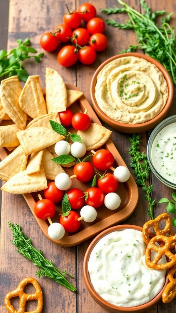 A colorful spread of easy appetizers with tomato-mozzarella skewers, hummus with pita chips, and cheddar ranch dip with pretzels.